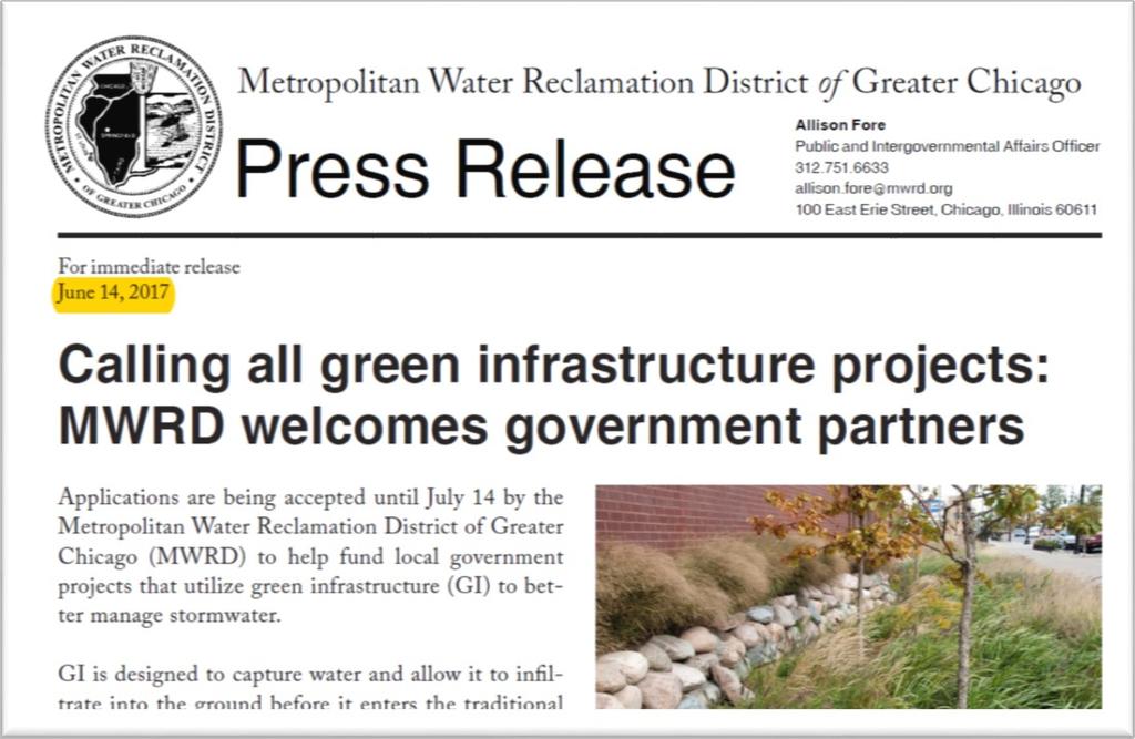 Green Infrastructure Program 2017 GI Call for Projects: Projects solicited from Cook County Municipalities, Townships, and other Governmental Organizations Applications mailed to elected officials,