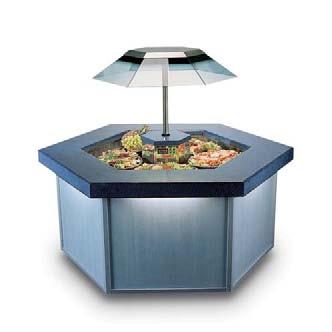 Hexagonal blown air well with extended Corian top, recessed lights under and full height light blue stained ash panels Matching heated tiled top and salad well with brass tops and gantries, extended