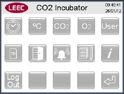 6.2. Utility Menu On the main screen press the utility menu symbol: The utility menu combines all of the incubator settings menus in one place. You will already be familiar with some of these.