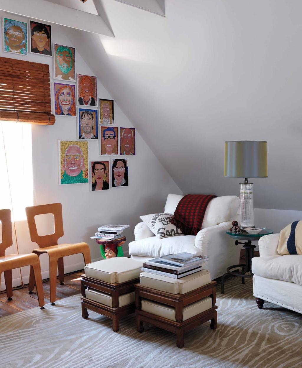 Inject whimsy Playing off the neutral furnishings in an upstairs nook, Moss displays glittery portraits of family and friends that he commissioned from Sereno Wilson of Project Onward (an