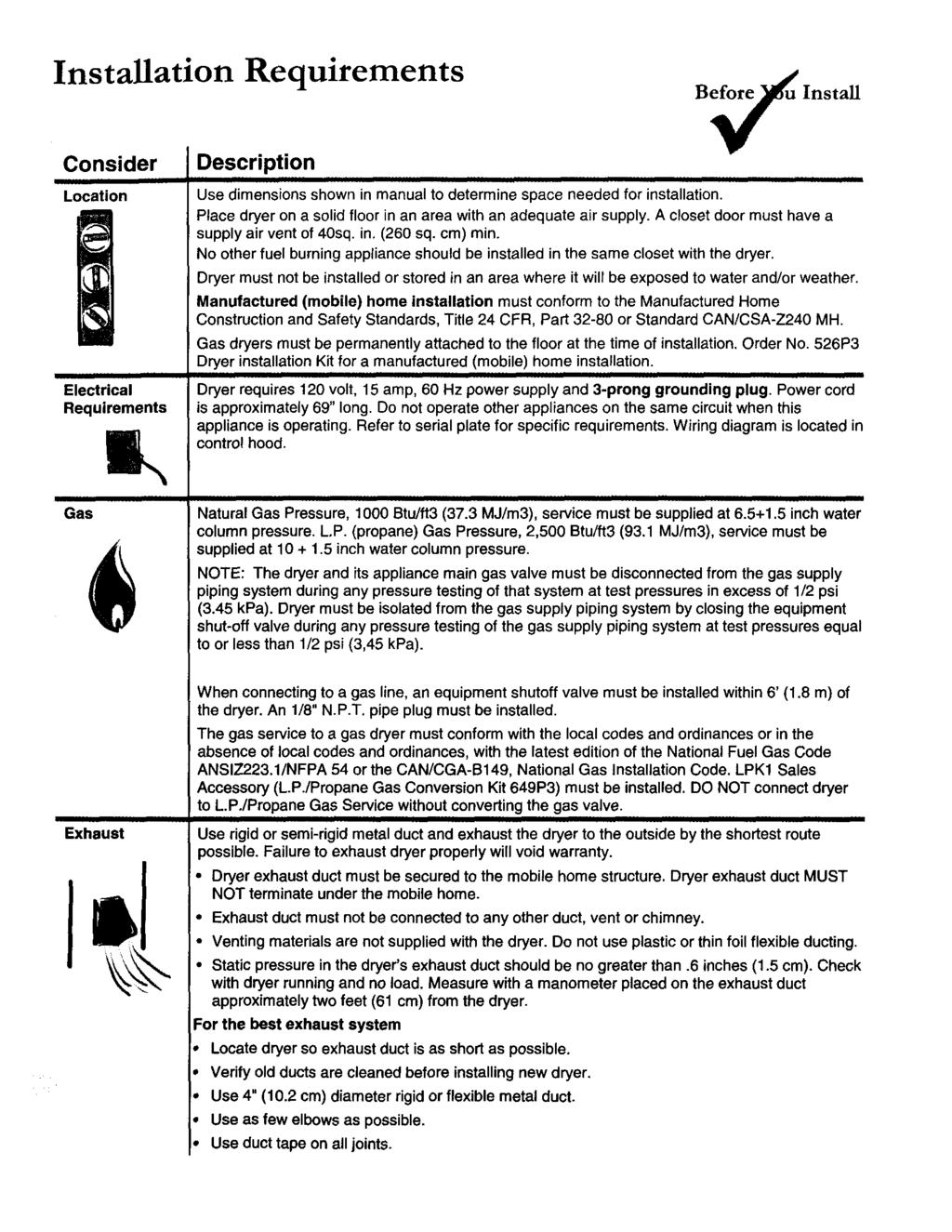 nstallation Requirements B_X_ nstall Consider Location Electrical Requirements Description Use dimensions shown in manual to determine space needed for installation.
