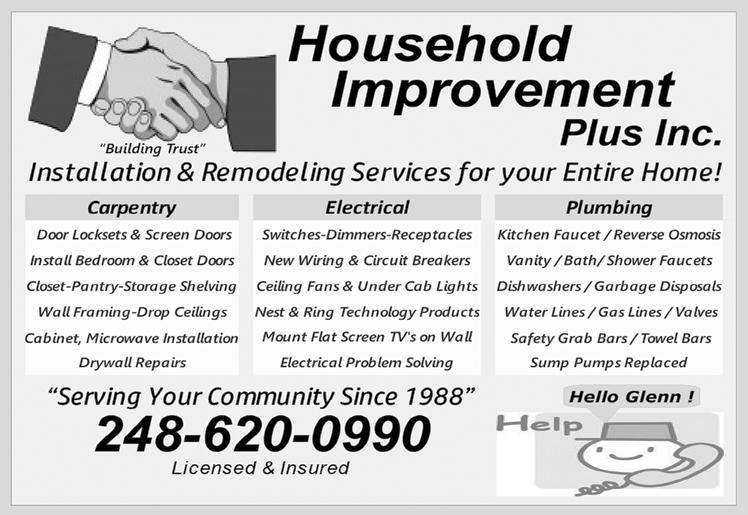 Handyman (continued) GLEN MILLER THE HOME DOCTOR Thoughtful, Courteous Service GlenMillerHomeDoctor.com... 734-255-9793 HANDYPRO HANDYMAN SERVICES Gotta To-Do List? $25 Off Any Job Over $250 handypro.