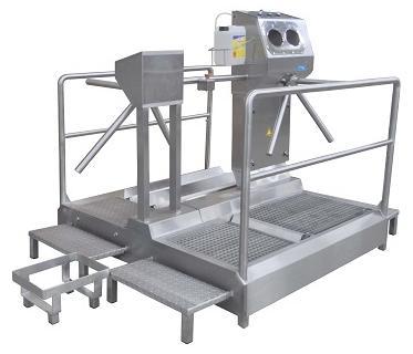 It consists of a hand disinfection unit with a turn-style, active (automatic level support) sole disinfection bath with drip-off zone for entering section and pass through sole cleaning machine with