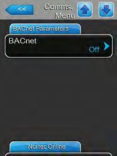 BACnet Parameters BACnet: with this setting you can activate ("MSTP" or "BACnet IP") or deactivate ("Off") the communication via the integrated BACnet interface.