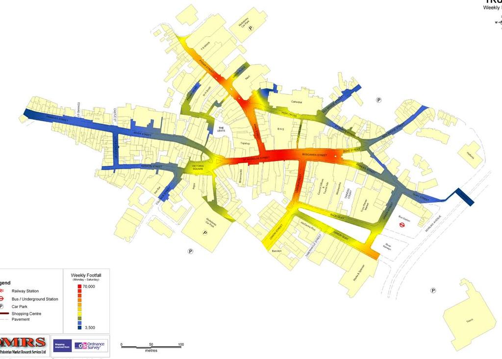 71 Red areas show strong pedestrian flow, and therefore strong