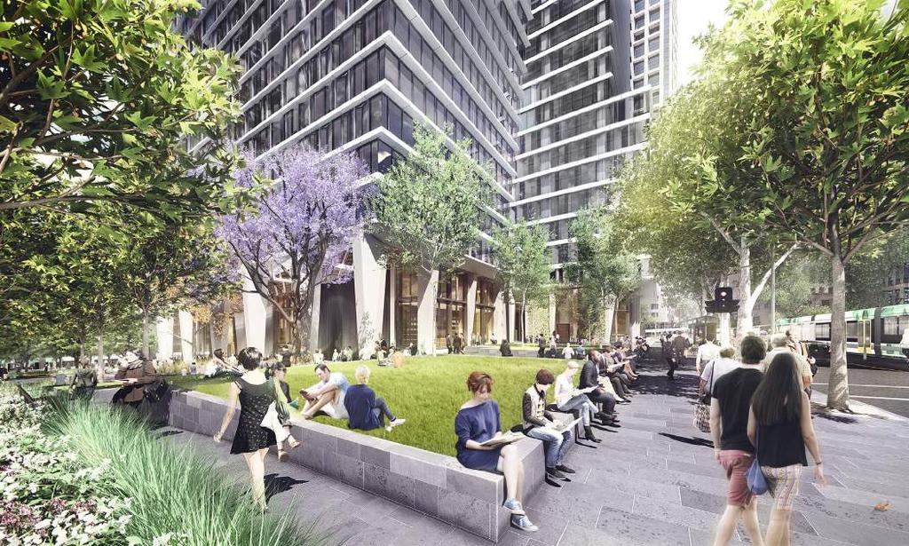 NORTHERN LAWN / COLLINS STREET Artist impression Image credit OCULUS CONCEPT PLAN PROPOSAL: A new north-facing lawn and garden area with seating walls to provide a place to eat lunch, rest and relax
