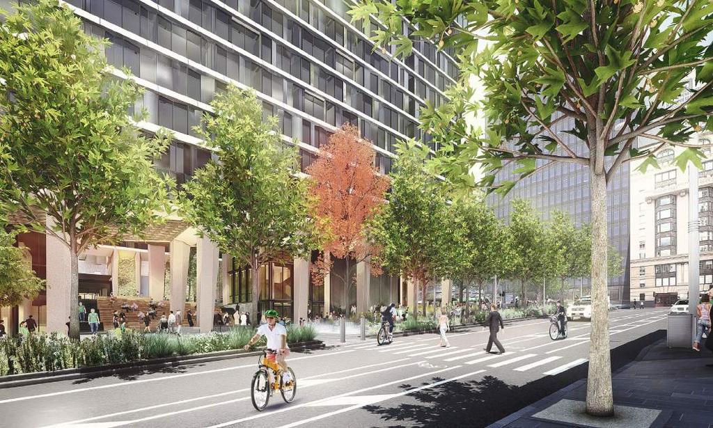 COLLINS ST/MARKET ST INTERFACE Artist impression Image credit OCULUS CONCEPT PLAN PROPOSAL: Large open lawn space with trees and seating walls.