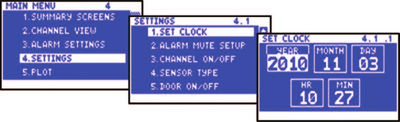 THX-DL Operation 4.0 SETTINGS 4.1 Set Clock key to select Settings from the main menu. Confirm selection using the key to reveal the Settings Menu.