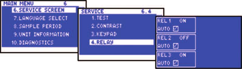 THX-DL Operation 6.4 Relay key to scroll down to the second page of the menu. Select Service from the main menu. Confirm selection using the key to reveal the Service menu.
