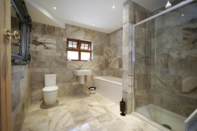 BATHROOM: Modern white bathroom suite comprising low flush wc, wash hand