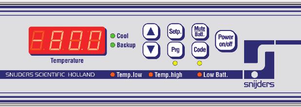 Code key with indication LED for entering authorised access. Power on/off key to switch the controller on/off (authorised access). Temp. low LED warning temperature too low. Temp. high LED warning temperature too high.