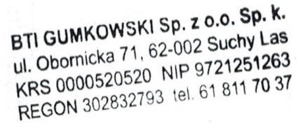 DECLARATION OF CONFORMITY Manufacturer: BTI GUMKOWSKI Sp. z o.o. Sp. k. ul.