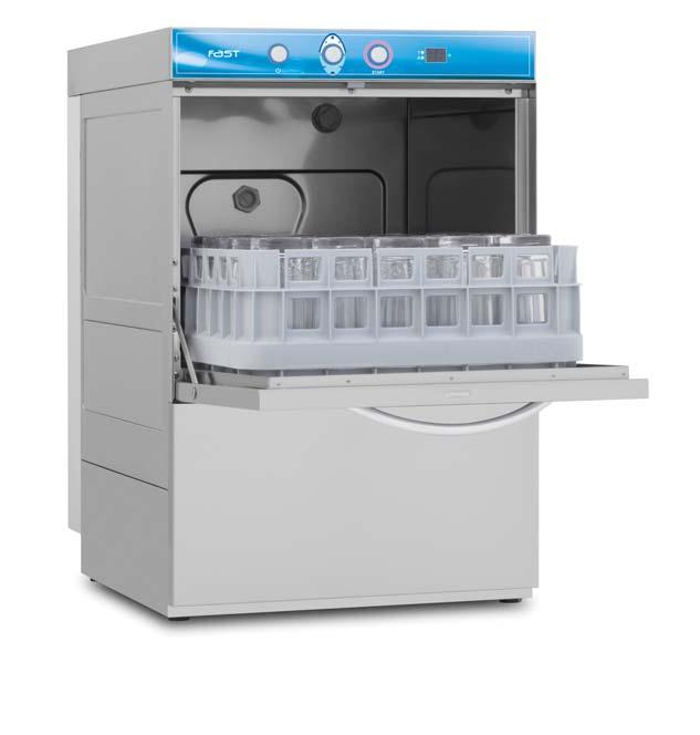 Glasswashers Features 40 Glasswasher with 39x39 cm rack with electromechanical user interface, constructed with partial double-skin side panels with deep-drawn rounded rack guides and full