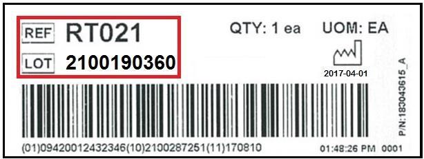 RT021 Catheter Mount: Figure 2: Example of RT021 product box label showing affected Model Number