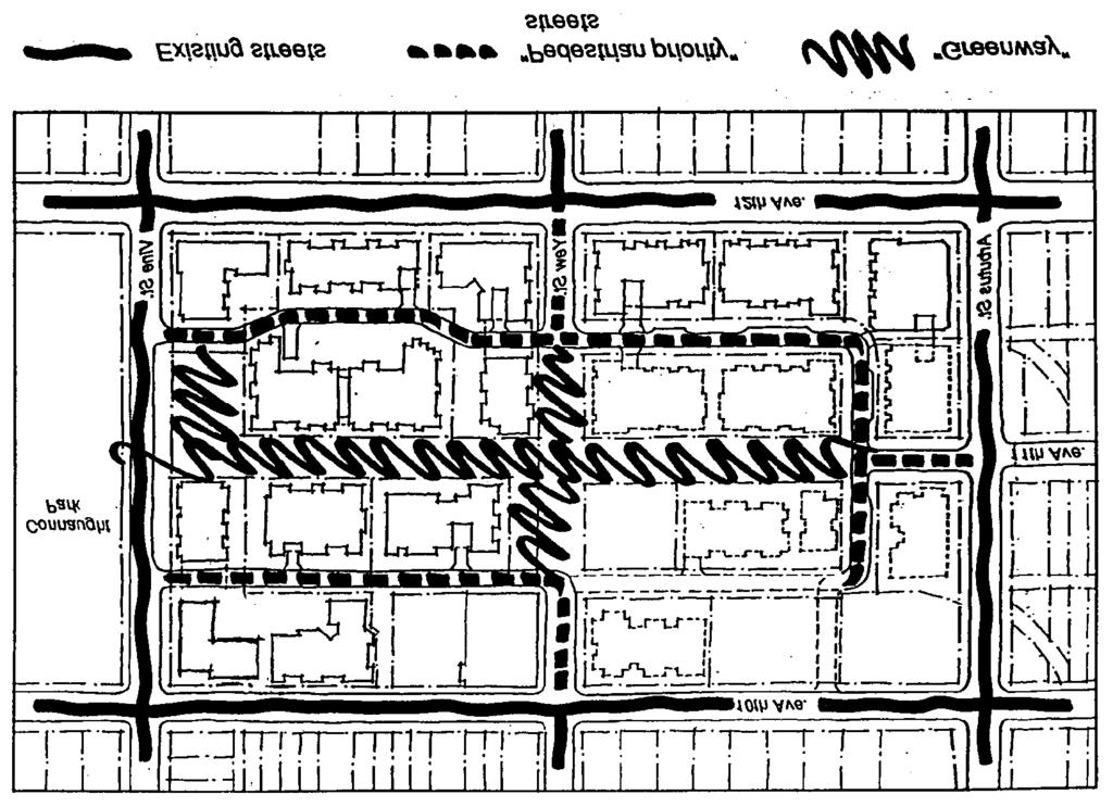 Figure 4. Orientation and Street Pattern Diagram of streets annotated to highlight notes above. Buildings should align with the existing streets and the newly treated pedestrian priority streets.