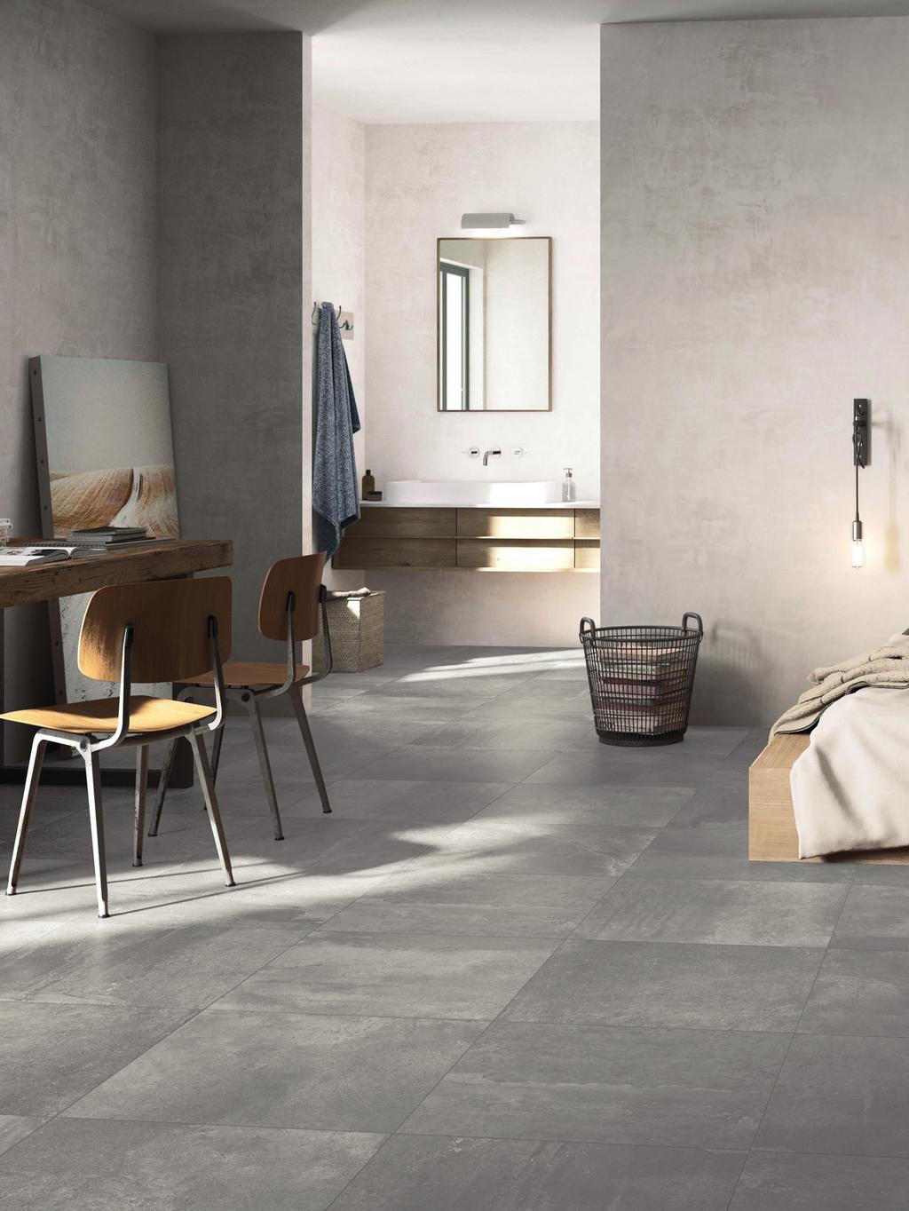 Downtown Light Grey Make areas flow Concrete effect tiles can also be used to effectively link different zones in a large space such as the whole ground floor of your