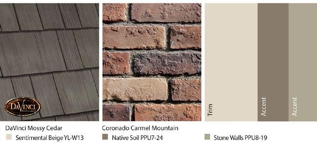 Light neutrals accentuate classic tan brick. The darker accent tones inspire a Smokey Gray on the roof.