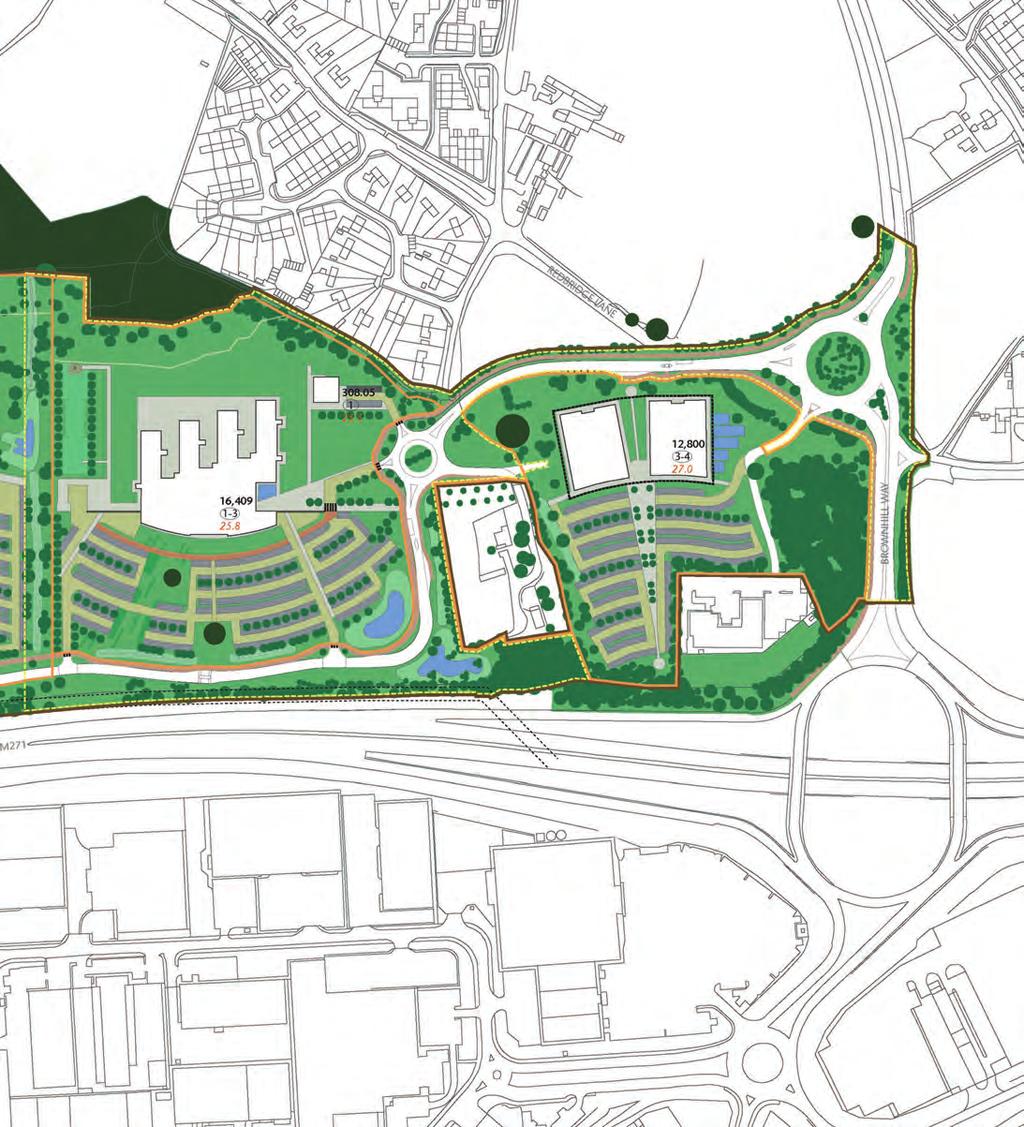 The new roundabout onto Brownhill Way and the new spine road extending to the northern boundary of Plot 4 is shown on Drawing No. APP/002/GA/07E.