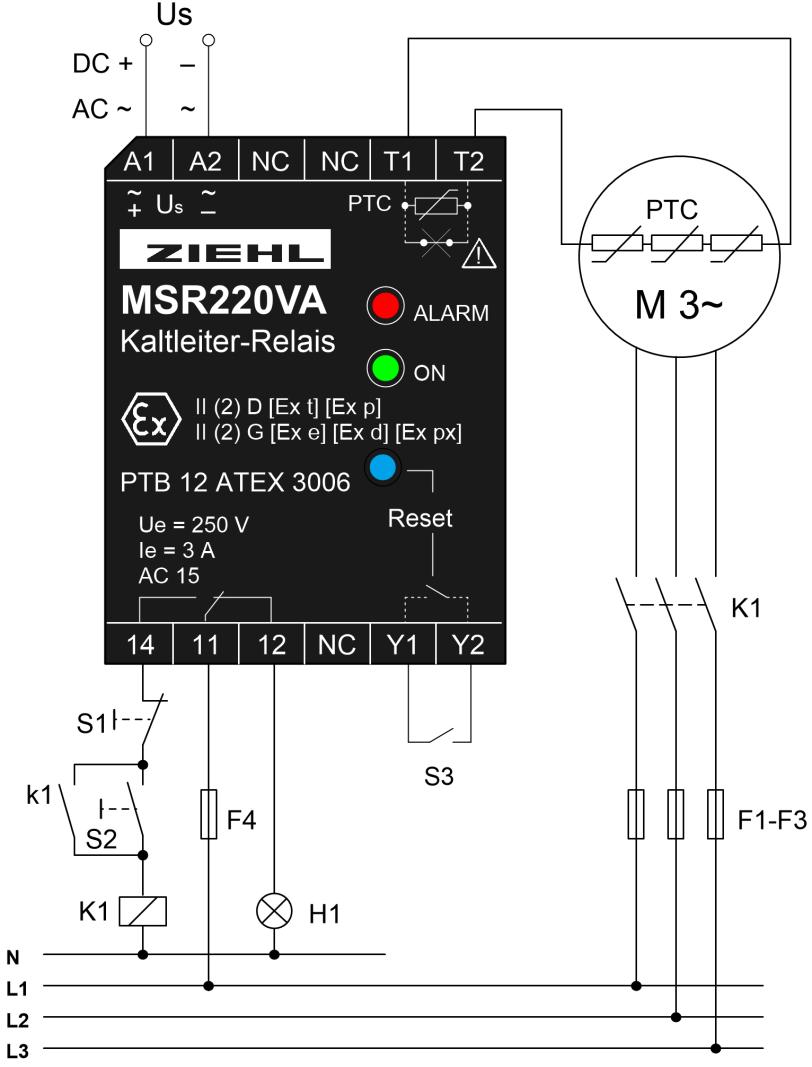 ZIEHL PTC thermistor relays are conform to EN 60947-8 and are thus exchangeable. PTC-thermistors according DIN 44081 and DIN 44082 shall be connected.