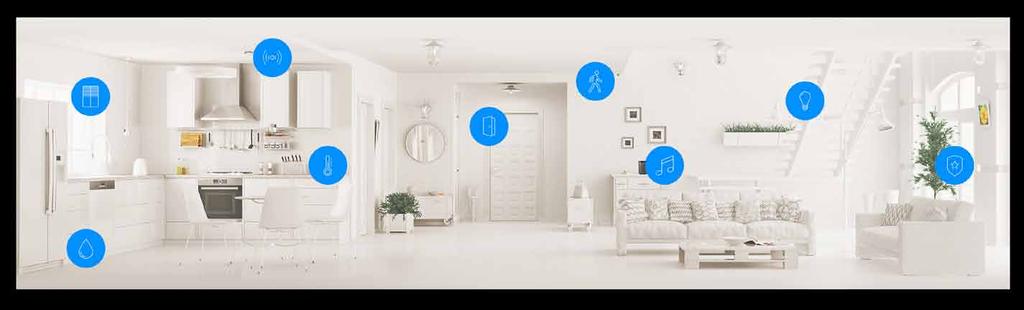 Quadrobit Smart Home Ecosystem IP cameras with recording into the "cloud", intercom with 2-ways audio Remote control of audio and video appliance Water leakage sensors, motorized water valves