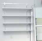 The horizontal rail makes it easy to install and modify the system. Select accessories Shelves, brackets and perforated back panels are attached to the upright profiles.