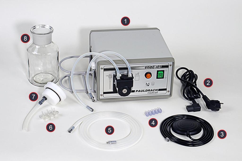 2.4. Scope of supply Figure 1: Scope of supply (1) - Endo-Jet 2000 power rinsing device, (main unit) with EJ-2 roll pump tubing system (pre-assembled) with EJ-2 sleeve for roll pump (pre-assembled)