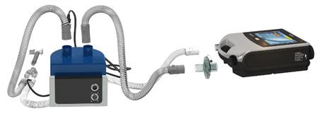 Attaching a humidifier 1. Connect a length of air tubing to the inspiratory port of the device. 2. Connect the other end of the air tubing to the inlet port of the humidifier. 3.