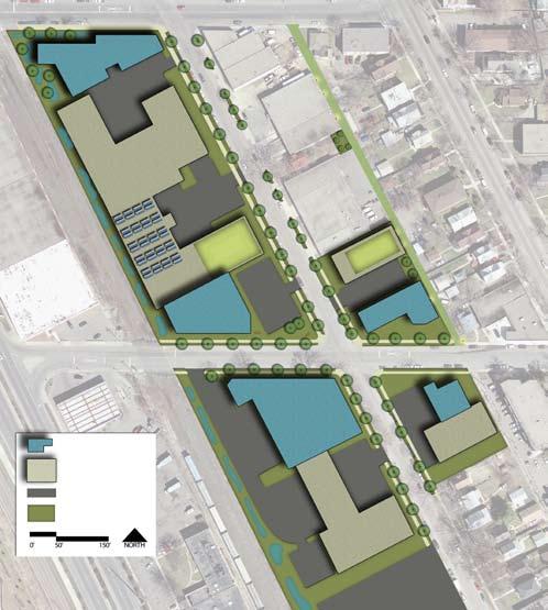 32nd Street Use open space to infiltrate storm water. Redevelop industrial campuses with inner courtyards, reduced driveways and landscape buffers.