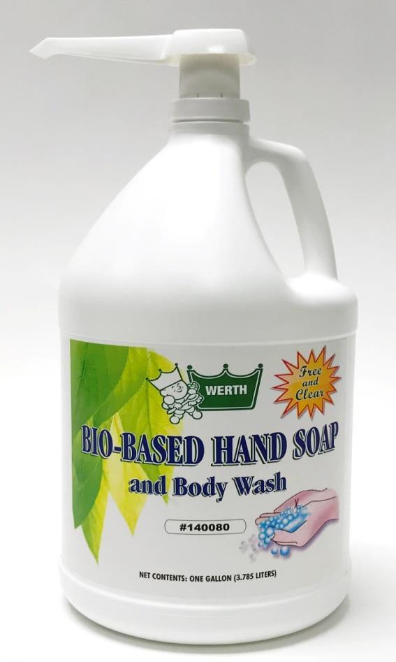 HAND SOAP BIO-BASED HAND SOAP & BODY WASH Item # 140080, CS (4 gallons) Bio-Based Hand & Body Soap Mild and gentle to the skin Free & Clear contains no