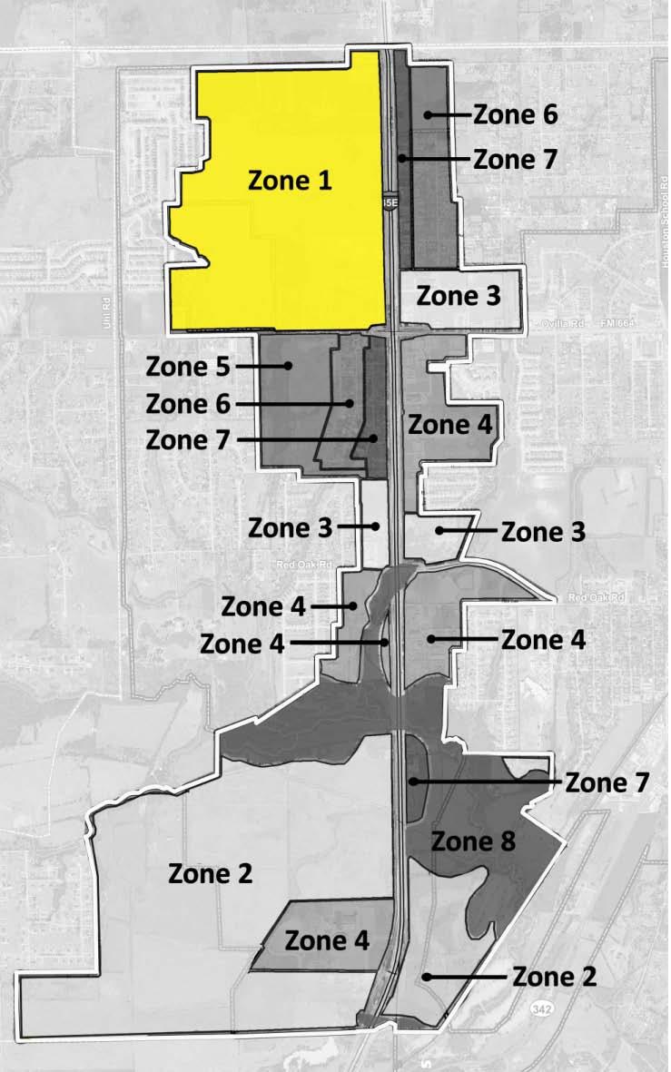 Zone 1 Offers large vacant tracts of land Significant location and visibility Recommended Planned Developments Larger anchor uses Mixed Uses Access options are key Recommended Intent Due to its