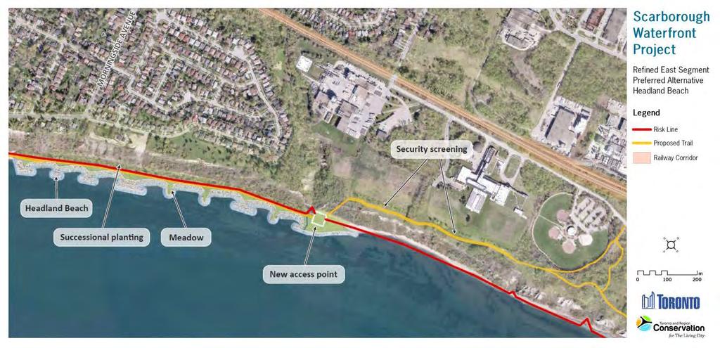 Refinements to this Alternative included shortening the headland beach system to the east side of Grey Abbey Ravine and transitioning the trail up from the toe to the top of the bluffs.