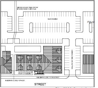 Town pedestrian/bicycle network. Above left: site plan showing side and rear parking.
