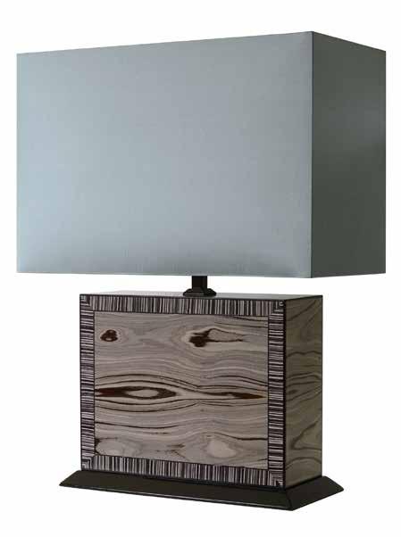 MARQUETRY TABLE LAMP Width: 50cm Depth: 25cm 80cm HAND-CRAFTED LAMPS This lamp was designed to fit closer against a wall on slimline units but give the impact that a large table lamp should.