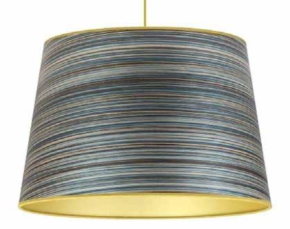 BLUE STRIPE CONE 35cm 50cm 40cm A stunning blue, grey and black stripe wood veneer cone shade with a high end gold lining and gold fabric trim to match.