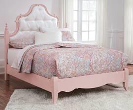 B212 Laddi Dainty traditional youth group in a two-tone replicated white and blush pink paint finish Bed features button-tufted pearl finish upholstered panels and scroll detailed crowns French