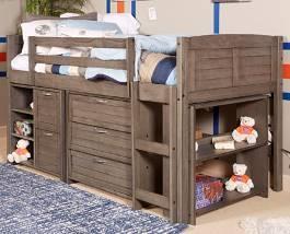 B388 Caitbrook (Signature Design) Modular twin loft bed with a casual rustic design Made with pine solids and veneers and engineered wood in a weathered gray finish Bed panels and drawer fronts