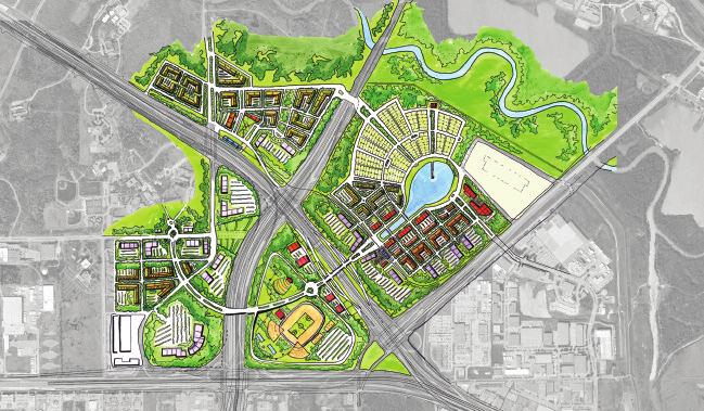 A new town-center neighborhood in the center of Dallas-Fort Worth is imagined in this scenario. This concept creates a community with retail, residential and leisure opportunities.