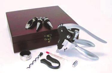 99 Item# 8564M 8 Piece Aluminum Handle Corkscrew Set with Wood Box Set includes: Lever wine opener with extra corkscrew, wine thermometer, wine collar, foil