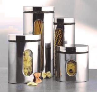 Canisters - Stainless Steel Item# 0690 Bistro Collection 4 Piece Oval Canister Set Air-tight lids with rubber gaskets keep food fresh. Glass canisters encased with polished stainless steel sleeves.