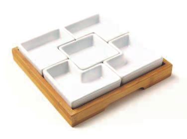 Bamboo - Serveware Item# 3139 6 Piece Divided Serve Set Set includes : 9.25 square bamboo tray and 5 white stoneware dishes that inset into the board. Hand wash bamboo board.