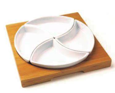 99 Item# 3140 5 Piece Divided Serve Set Set includes : 9 square bamboo tray and 4 white stoneware swirl dishes that inset into the tray. Hand wash bamboo board. Dishwasher Safe stoneware dishes.