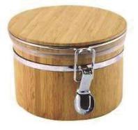 Bamboo - Kitchen Item# 3143 Small Bamboo Canister Airtight ring seal on the bamboo lids with clamp-down lid mechanism. Small size 3.75 x 5.25 ( 600ml / 0.6qt ) Made of side grain pieced bamboo.