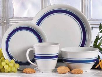 Dinnerware Sets - Porcelain Item# 2158C - 16 Piece Oversized Dinnerware Set Includes: 4 each of 10.5 dinner plate, 7.5 salad plate, 6 bowl and 14oz mugs. White porcelain with cobalt blue band.