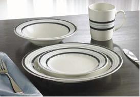 Dinnerware Sets - Stoneware Item# 5309-16 Piece Banded Dinnerware Set Includes: 4 each of 10 dinner plate, 7.5 side plate, 5.25 bowl and 11oz mug.