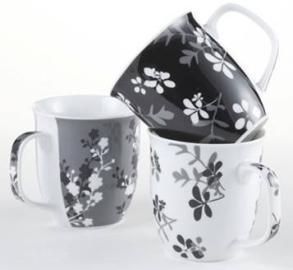 Mugs - Porcelain Item# 5231 - Day & Night Floral Porcelain Mug 13.5 oz porcelain mug in black floral print, grey floral print or white floral print.