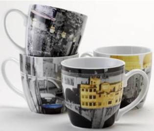 99 Item# 5235 - Café D Amore Porcelain Mug 16.0 oz porcelain mug in assorted cafe prints. Microwave and dishwasher safe. Bulk. Color Label.
