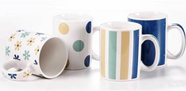 Mugs - Stoneware Item# 5230 - Playful Ocean Tone Stoneware Mug 16.0 oz stoneware mug in multi floral, multi dot, multi stripe or solid blue. Microwave and dishwasher safe.