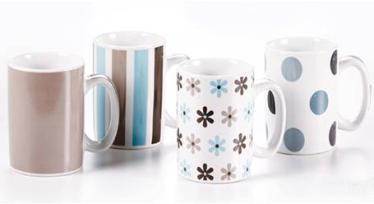 99 Item# 5234 - Playful Sky Tone Stoneware Mug 16.0 oz stoneware mug in solid taupe, multi stripe, multi floral or multi dot. Microwave and dishwasher safe. Bulk. Color Label.