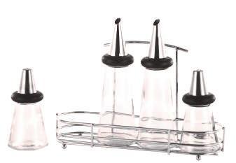 99 Item# 0718-A 3 Piece Contemporary Cruet Set Set includes : 2 qty of 7.4 oz glass cruet with satin finish 18/8 stainless steel casing PLUS chrome plated wire rack. Dishwasher not recommended.