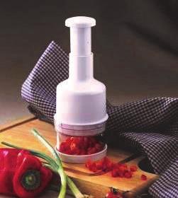 Graters / Slicers / Choppers Item# 1599 Deluxe Food Chopper Features plastic body with stainless steel blades that rotate automatically.